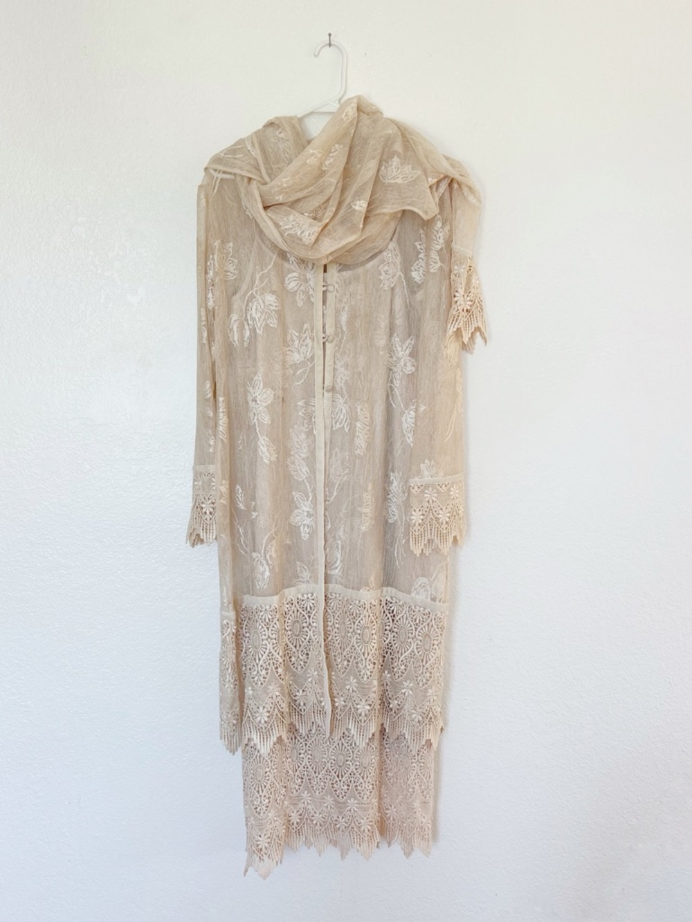 90s Sue Wong Sheer Crocheted Lace Dress Jacket Scarf Cover Up 3pc Outfit Set XL